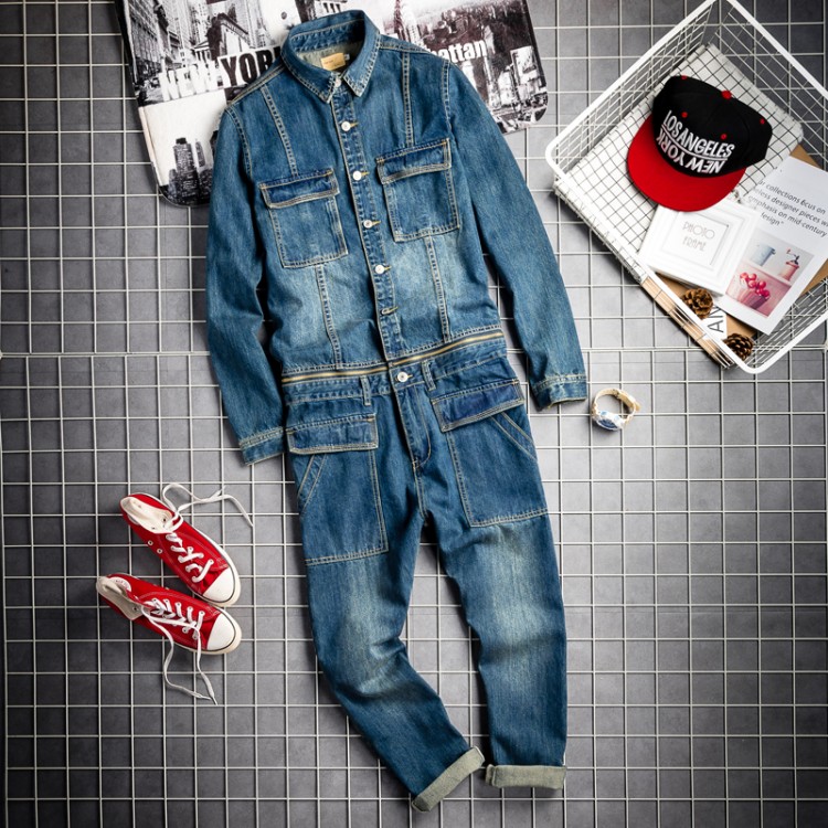 Men's Jeans Spring Fall Mens Vintage Detachable Denim Cargo Overalls HipHop Long Sleeve Tops Straight Pants Big Size Rompers Male Jumpsuit