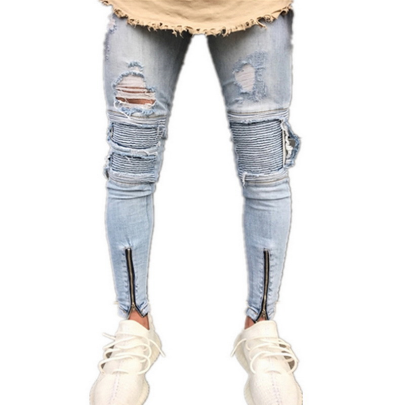 MoneRffi New Men Ripped Holes Pencil Pants Zipped Skinny Jeans Casual Pants with Pleated Patchwork Slim Fit Biker Male Jeans