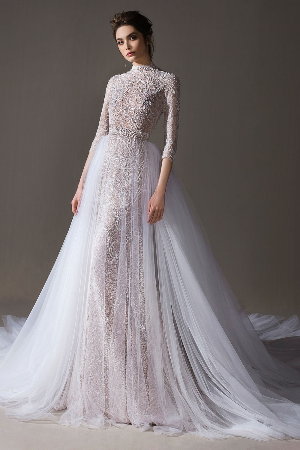 2020 Mermaid Wedding Dress With Detachable Train High Neck Appliqued Beaded Bridal Gown 3/4 Long Sleeves Open Back Ruffle Vestidos De Novia