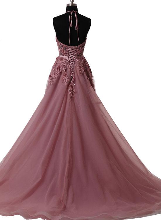 2019 Charming Halter Lace Applique and Tulle Long Prom Dresses Organza Beaded Formal Evening Party Dress Bridesmaid Wear Party Gown QC1358