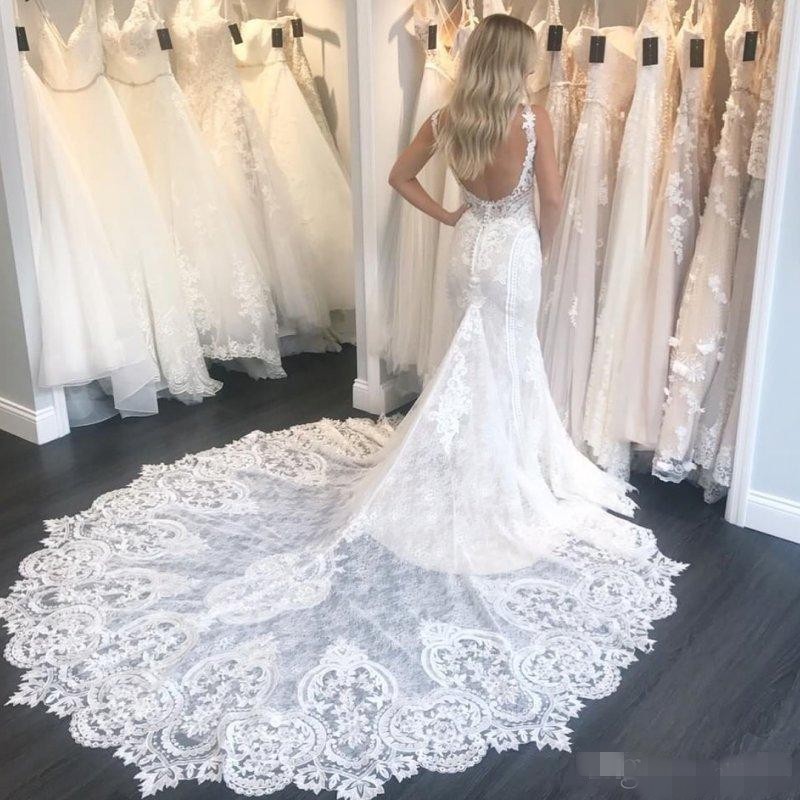 Gorgeous Lace Applique Dresses Spaghetti Straps Chapel Train Mermaid Sexy Backless Custom Made Wedding Gown Vestido De Novia