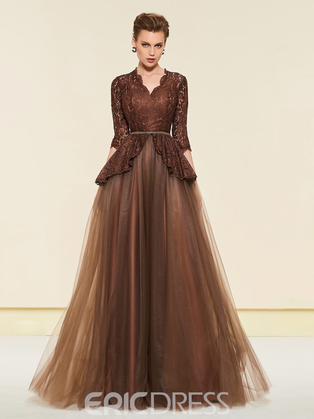 Ericdress A Line Mother of The Bride Dresses V Neck 3/4 Long Sleeve Wedding Guest Dress Lace Applique Sweep Train Evening Gown