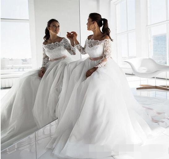 Elegant Off Shoulder Dresses Long Lace Sleeves Dusty Pink Ribbon Sweep Train Tulle Plus Size Wedding Bridal Gown Custom Made