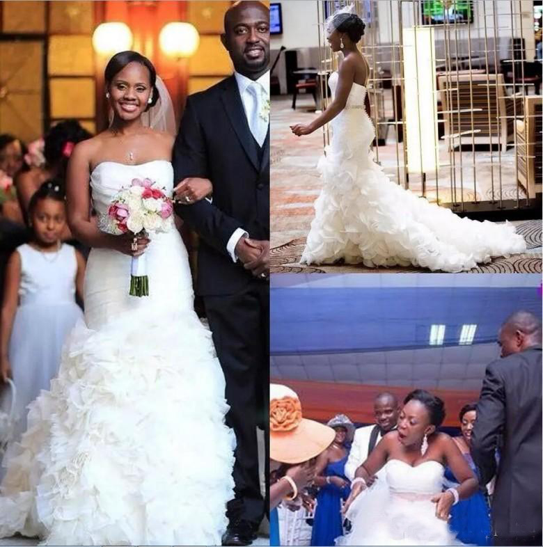 Sexy African Mermaid Wedding Dress Romantic Backless Strapless Bridal Gowns White Ruffled Organza Wedding Gown With Sash