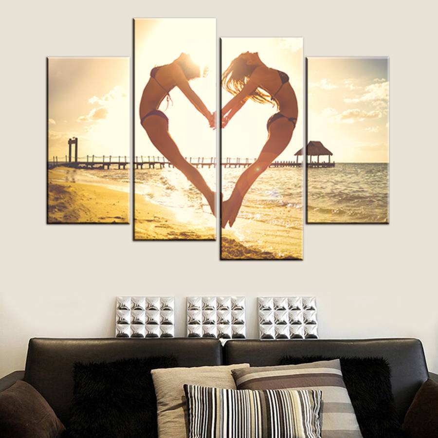 Wall Art Painting Picture HD Print Seaside Sun Jump Heart Unframed Canvas For Home Decoration