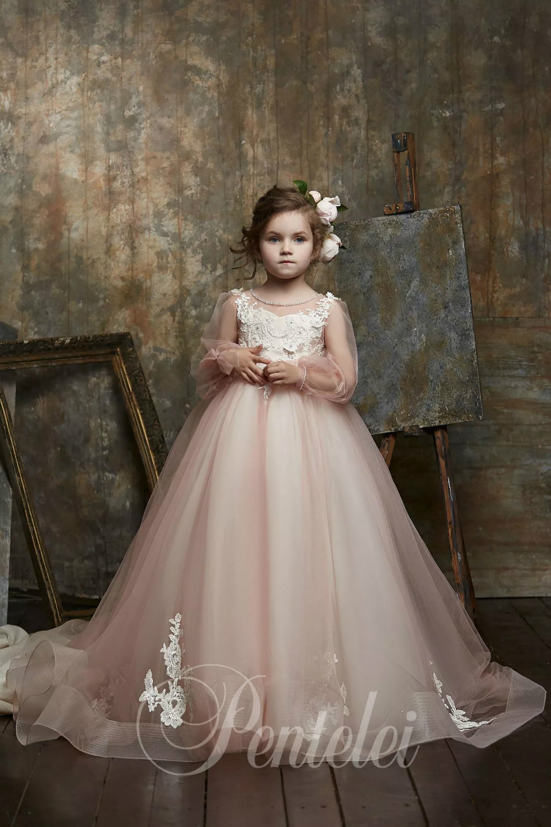 Cute Ball Gown Flower Girl Dresses Jewel Long Sleeve Lace Applique Sequins Crystal Pageant Dress Floor Length Girl's Birthday Party 0431
