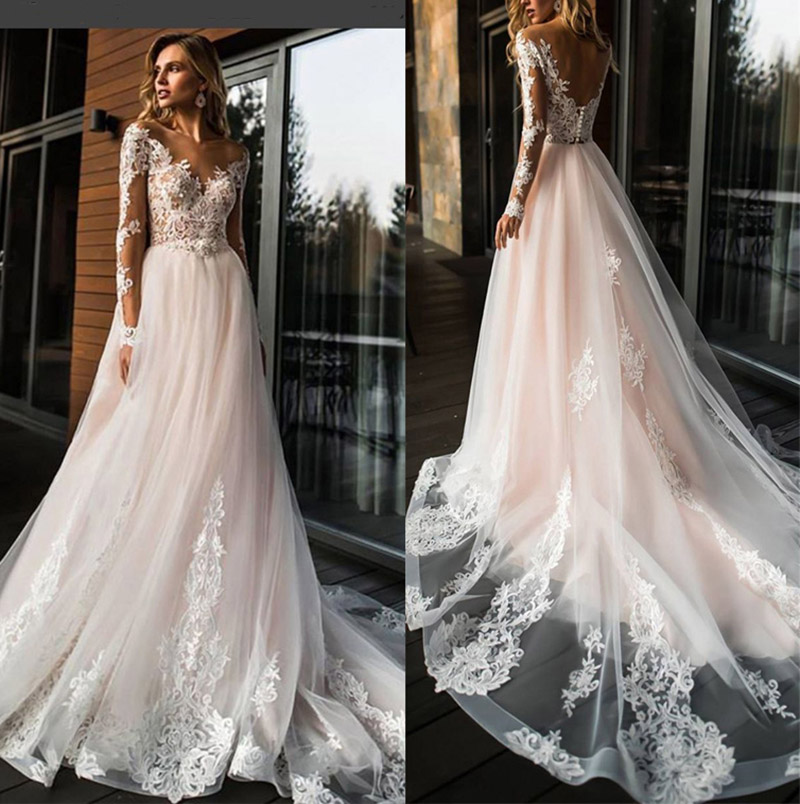 Elegant Lace Wedding Dress Vestidos de novia Simple A Line Bridal V-Neck Sexy Romantic Long Sleeve Gowns
