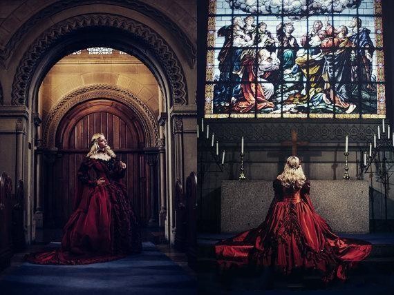 Burgundy Gothic Sleeping Beauty Princess Medieval Evening Dresses Long Sleeve Lace Appliques Prom Gown Victorian Masquerade Cosplay