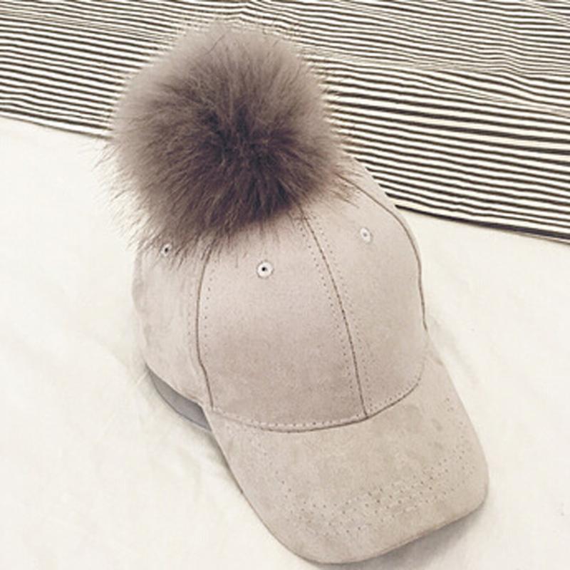 New Style Women Faux Fur Pompom Baseball Caps Light Tan Ball Suede Cap Hip-hop Hat Gorros