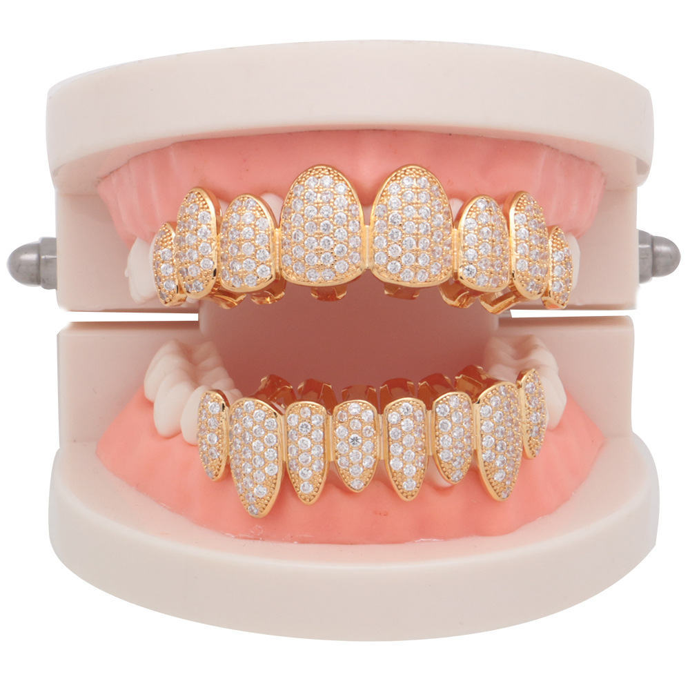 18K Gold Rose Gold White Gold Vampire Grillz Iced Out Fang Grills Full Diamond Cosplay Tooth Cap Dental Mouth Teeth Braces Ornamen