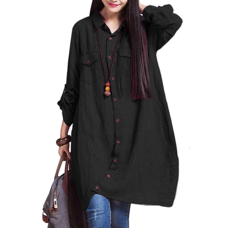 Anself Plus Size Women Cotton Linen Blouse 5xl Oversize Shirts Female Ladies Casual Long Sleeve Long Tops Pocket Button Blusas J190625