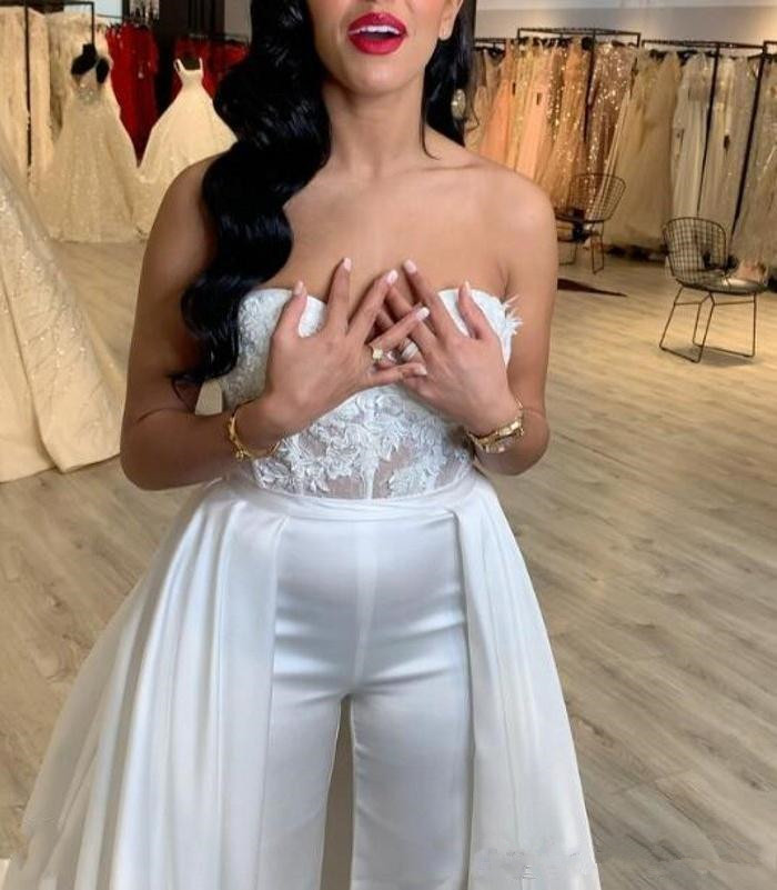 Lace Stain Women Wedding Jumpsuit with Removable Skirt 2020 Strapless Abiye Bride Wedding Gowns with Pant Suit Deane Lita