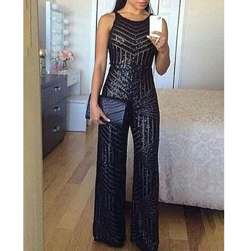 Sleeveless Wide Leg Jumpsuit for Women Elegant Glitter Round Neck Sleeveless Sequins Jumpsuit Sexy Night Club Party Overalls, Black
Sleeveless Wide Leg Jumpsuit for Women Elegant Glitter Round Neck Sleeveless Sequins Jumpsuit Sexy Night Club Party Overalls, Black