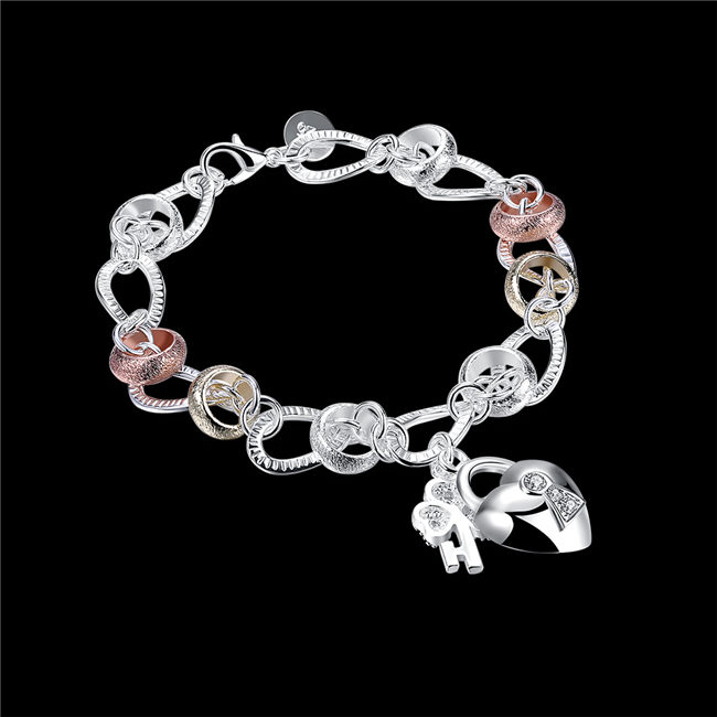 925 silver Hanging dichroic insets heart lock,flower spoon bracelet DFMCH233, fashion sterling silver plated Chain link bracelets high grade