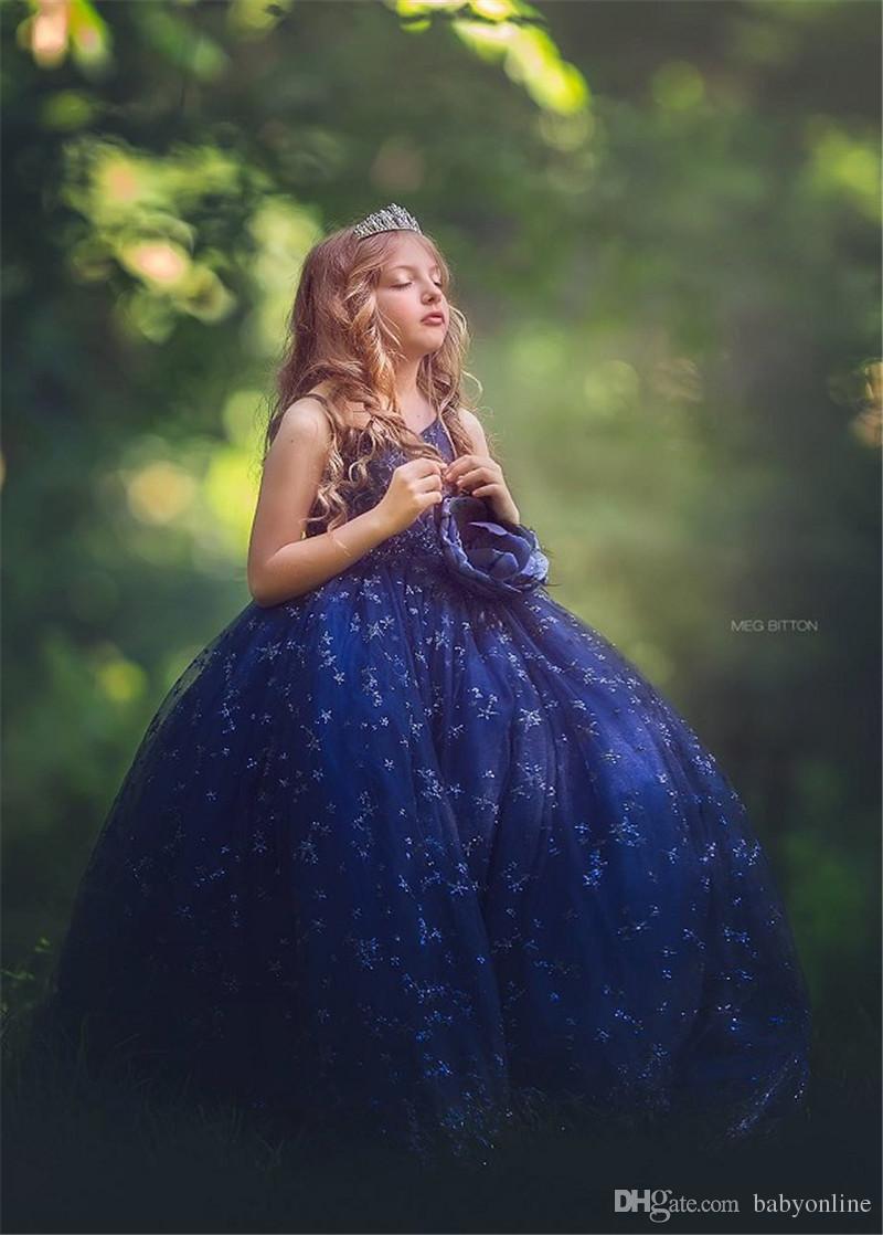 luxury royal blue girls pageant dresses princess ball gown crew neck with big sequins ruffles kids formal flower girls dresses