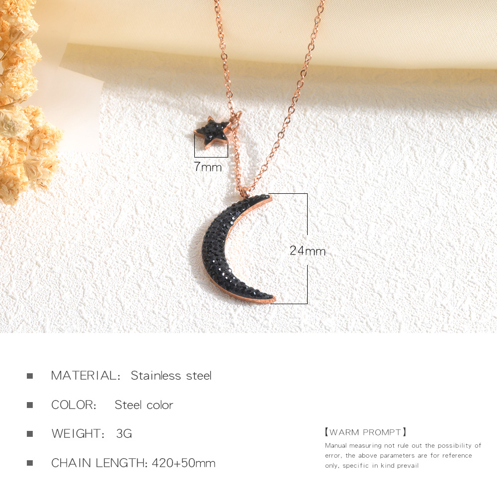 Chic Rose Gold-Plated Star and Moon Pendant with Sparkling Black Zircons - Perfect Girls' Accessory