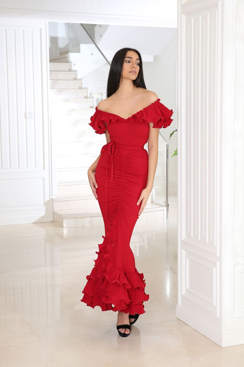 Red Prom Dresses Tiered Ruffles Off Shoulder Short Sleeve Evening Gowns Sexy Front Split Mermaid Runway Fashion Dress