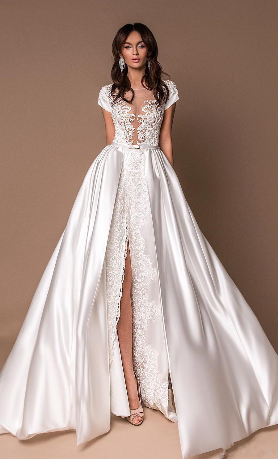 2020 New White Wedding Dresses With Satin Detachable Train Lace Bridal Gowns Front Split Illusion Princess Boho Beach Wedding Dress Cheap