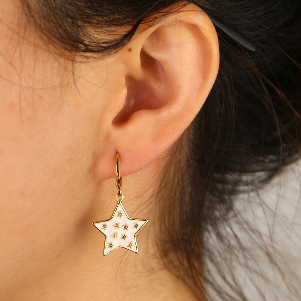 2024 Christmas gift rainbow cz star white enamel star drop charm Gold plated earring fashion trendy women jewelry