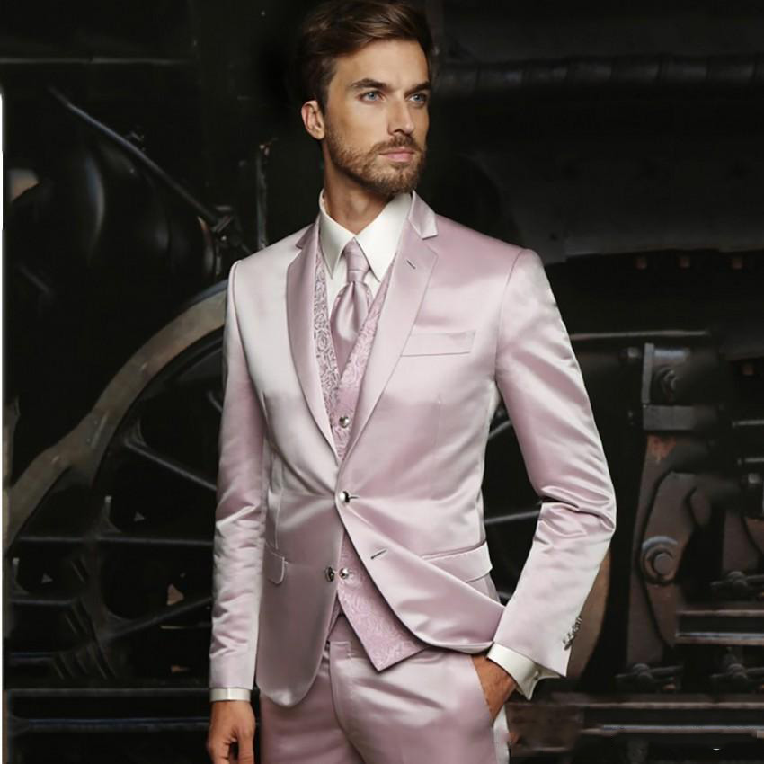 Satin Fabric Pink Men's Suits Three Pieces (Blazer+Pant+Vest) Wedding Best Men Suits With Notched Lapel Two Buttons Business Banquet Tuxedo