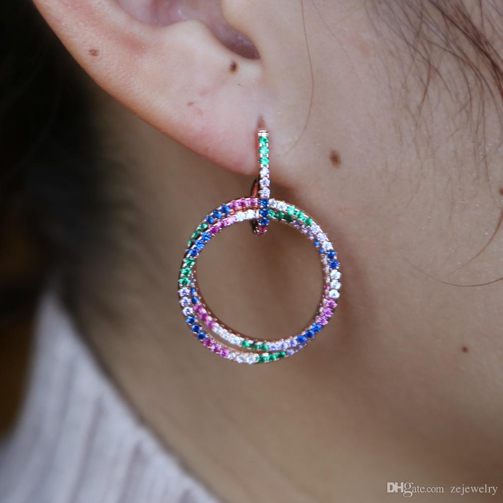 2019 Rose Gold color double round circle mix colorful CZ women classic jewelry top quality latest new design necklace earring setSuit