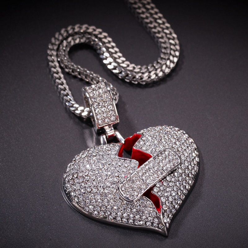 Mens Hip Hop Necklace Iced Out Broken Heart Pendant Necklaces Fashion Jewelry