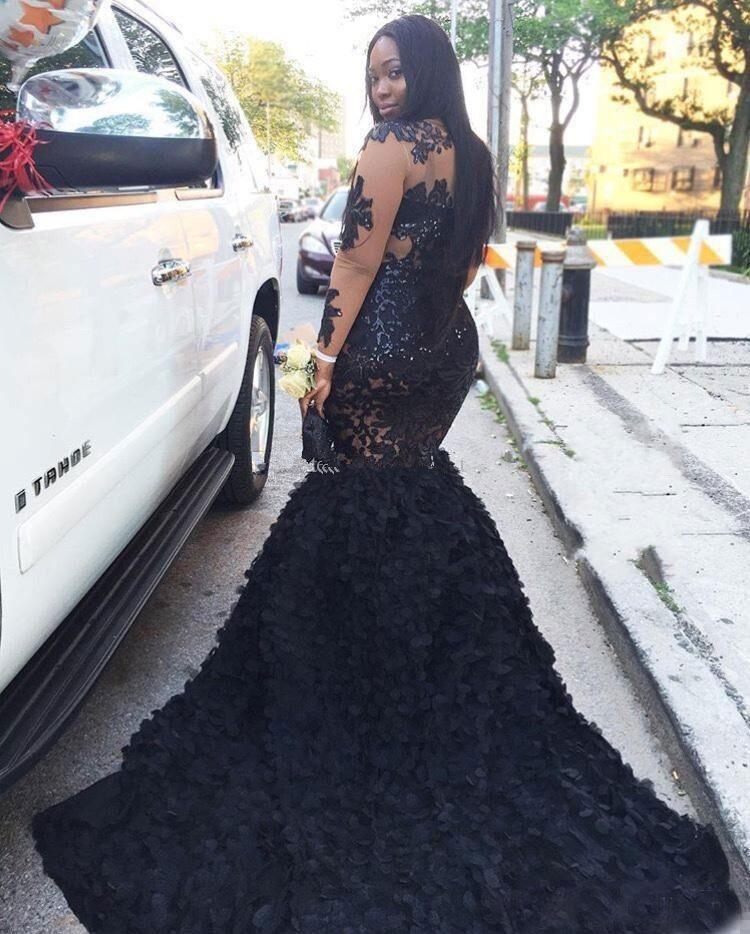 africa black mermaid prom dresses jewel long sleeves lace appliques sequined evening gowns plus size formal party dress abendkleider