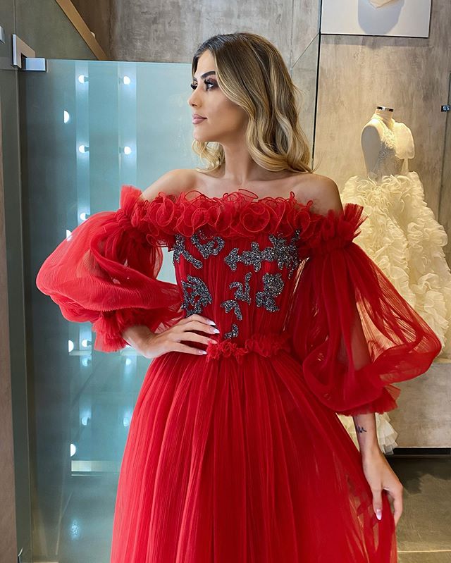 2020 Ankle Length Red Evening Dresses Strapless A Line Ruffles Appliques Beads Cheap Prom Dresses Custom Made Long Sleeve Formal Party Gowns