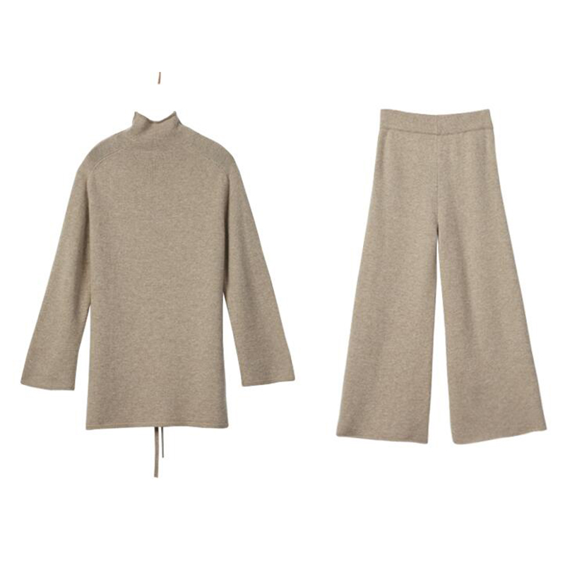 Women's Tracksuits OKXGNZ Women Sweater Set Wool Cashmere Wide Leg Pants Suit 2 Piece Turtleneck Top Bandage Two Piece1
