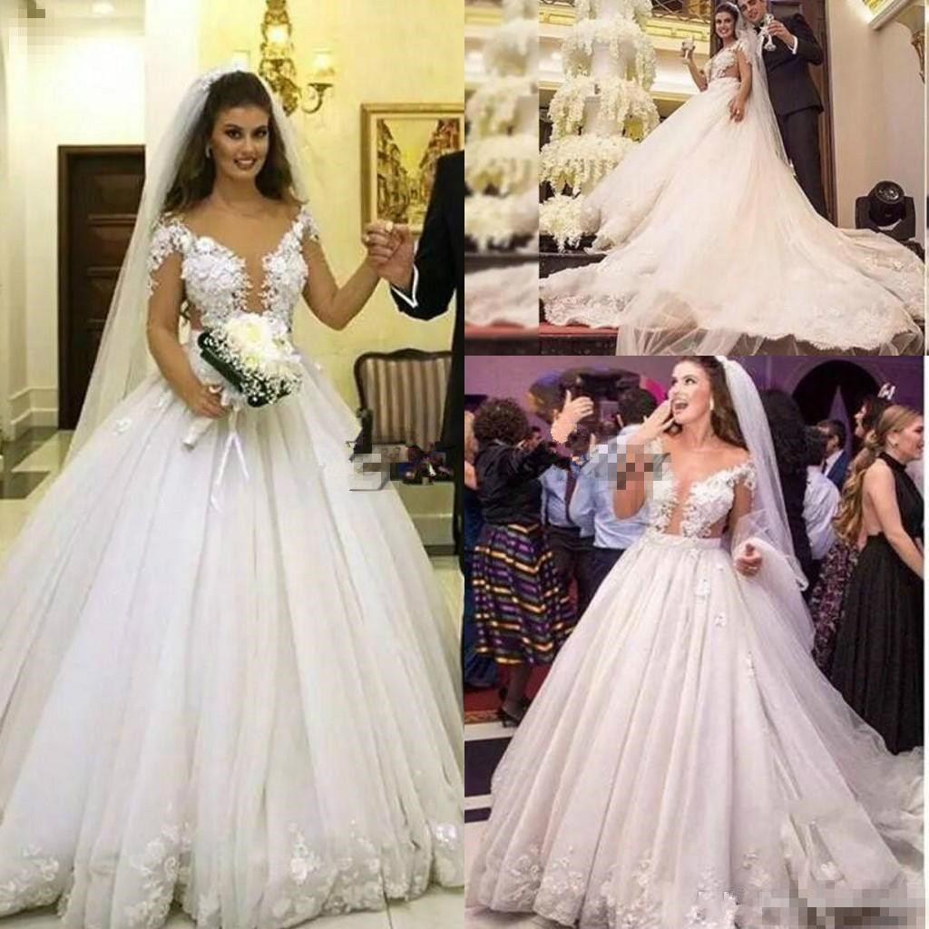 Made Long Custom Illusion Sleeves Ball Dresses Lace Appliue Sheer Neck Beaded Sweep Train Plus Size Wedding Bridal Gown