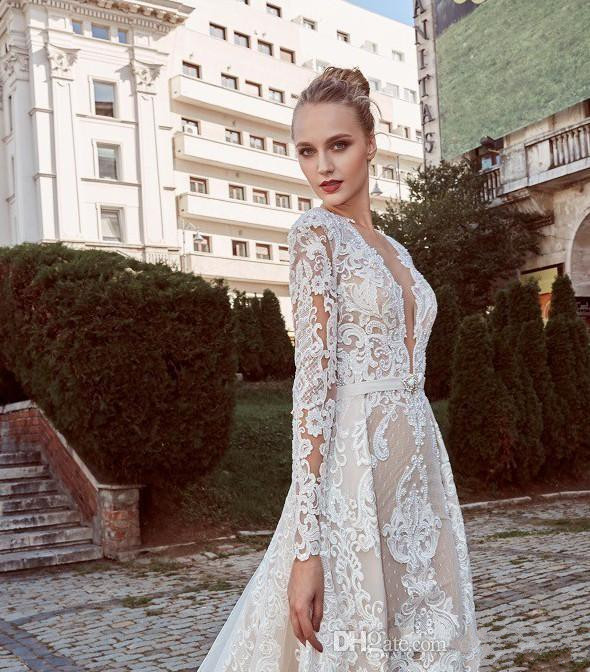 bride mermaid wedding dresses with detachable train v neck lace beads long sleeve plus size bridal gowns robe de marie