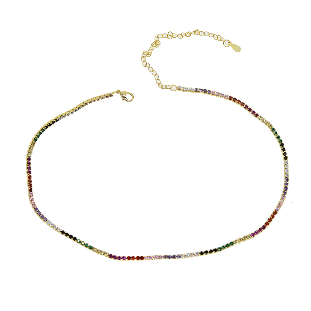 Wholesale- european usa women gift jewelry rainbow cz tennis choker necklace statement necklaces colorful stone 2mm tennis choker