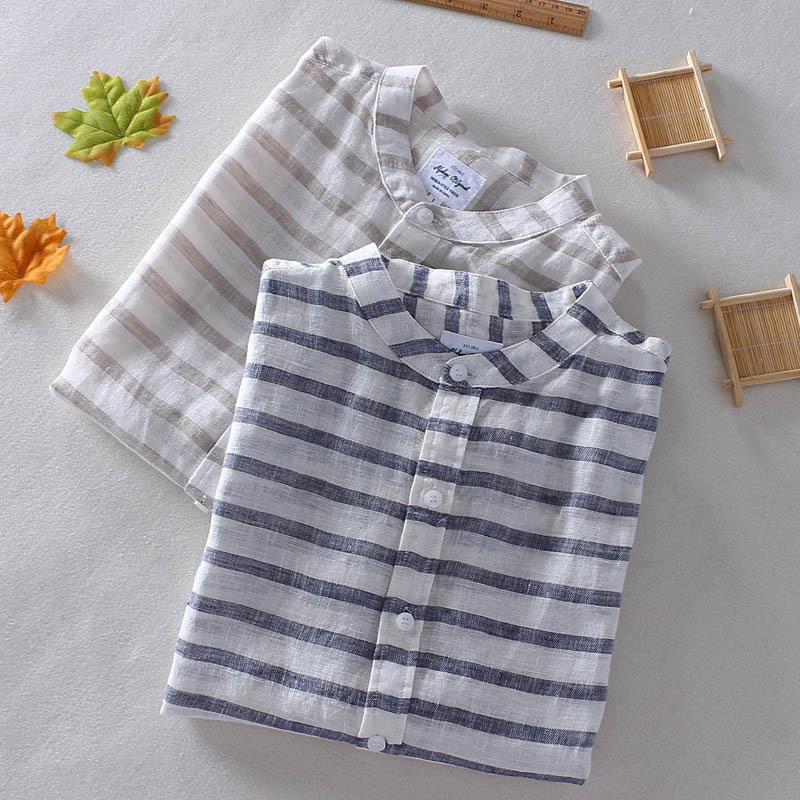 Schinteon 100% Pure Linen Striped Summer Shirt Men Breathable Stand Collar Short Sleeved Casual Shirt Comfortable New