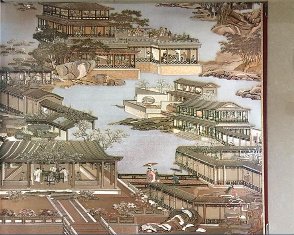 Qingming Shanghe 3D wallpaper landscape natural silk fiber gold restaurant classical Chinese decorative wallpaper