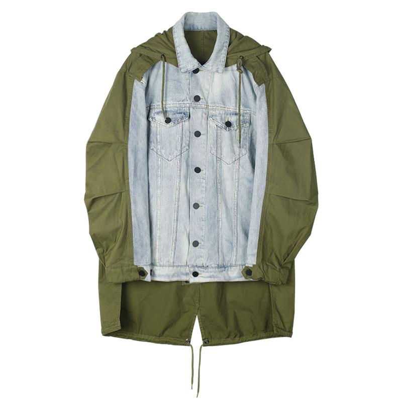 Designer Hooded Denim Army Green Patchwork Trench Autumn Asymmetric Windbreaker Coat Women Long Outwear, Multi
Designer Hooded Denim Army Green Patchwork Trench Autumn Asymmetric Windbreaker Coat Women Long Outwear, Multi