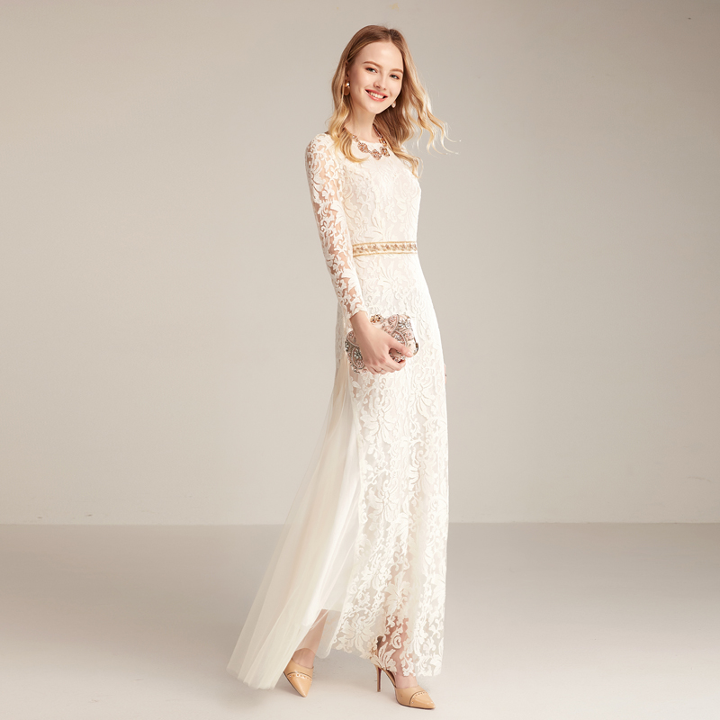 Women's Runway Dresses O Neck Long Sleeves Embroidery Lace Beaded Waist Elegant Fahion Maxi Party Prom