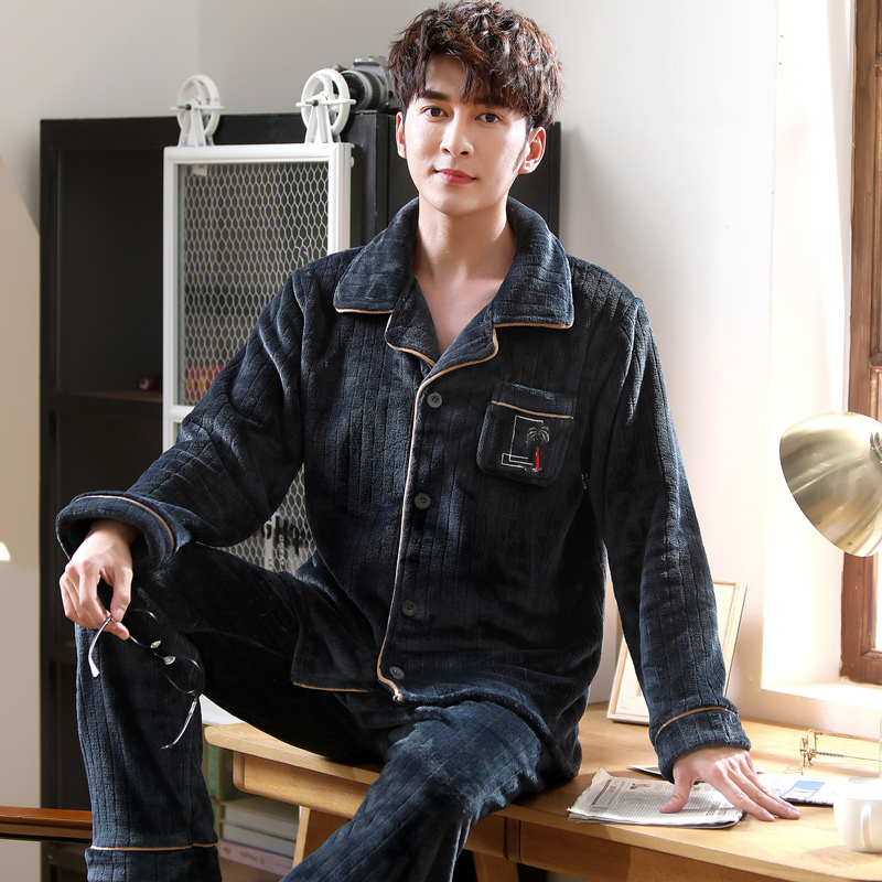 Winter Warm Thick Coral Fleece Pajamas Men Women Long-sleeved Sleepwear Pijama Couple Homme Nightwear Cardigan Pyjamas MSJ01B T200110