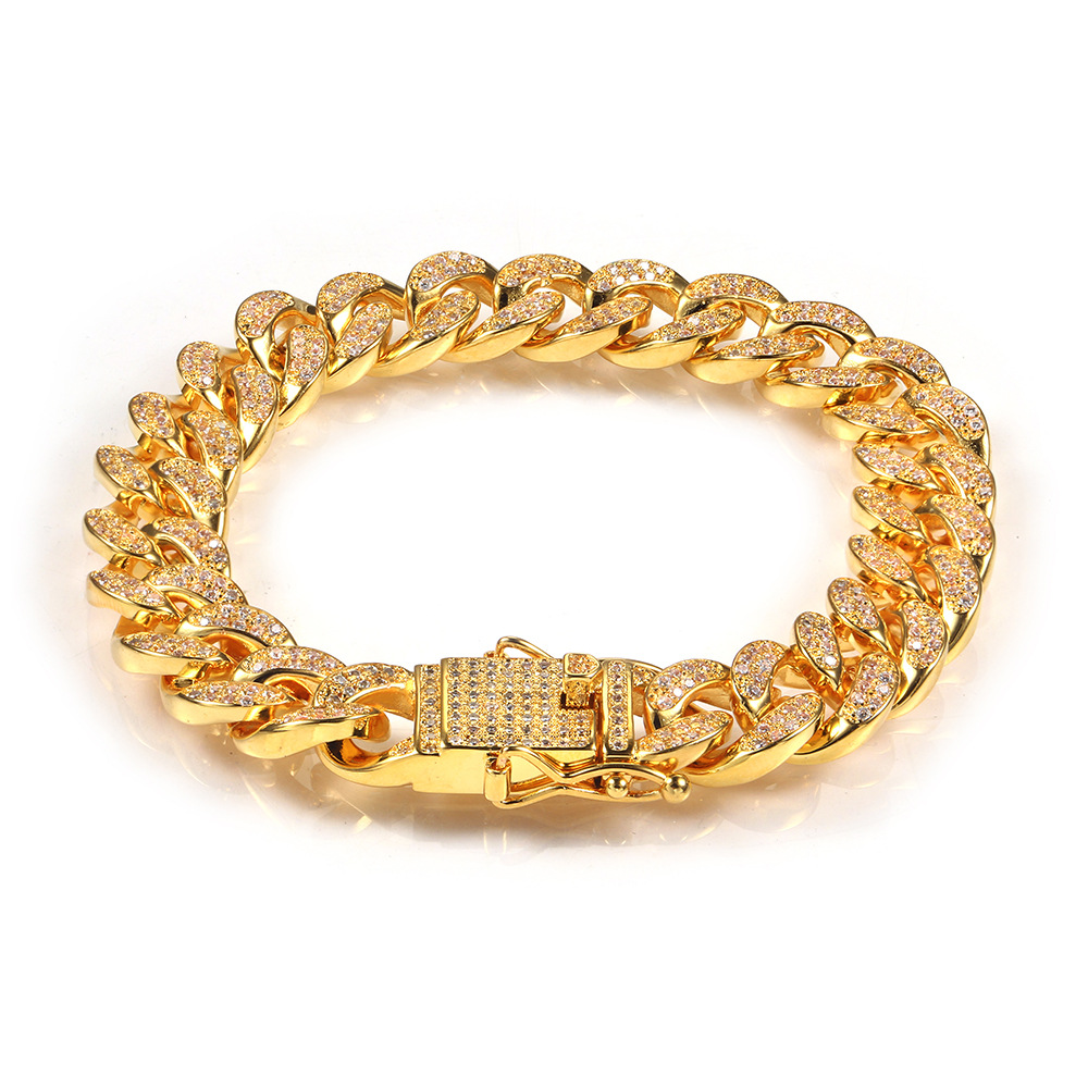 12mm TopBling Cuban Link Chain Bracelet Men's Hip Hop Jewelry Copper Real Gold Plated Full Cubic Zirconia