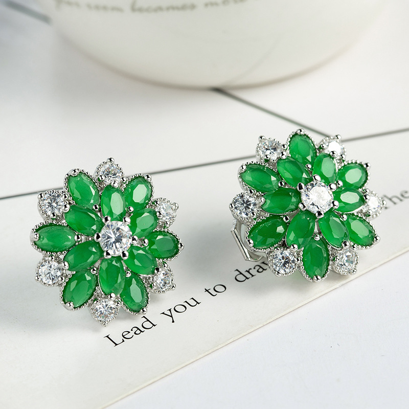 LuckyShine Trendy Women Ear clip colorful Cubic Zirconia Cz Flower 4 Color 925 sterling Silver plated Earrings 3 Pair/Lot Free Shipping