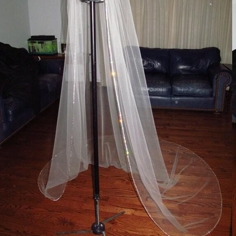 Hot 3M Length Romantic One Layer Bridal Cathedral Length Tulle Rhinestones Wedding Veils Beaded Edge White Or Ivory Bride's Veil