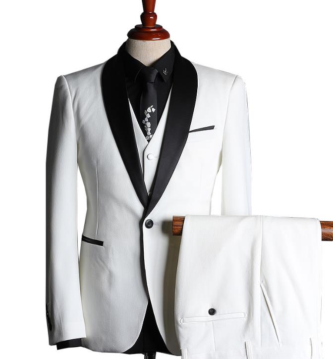 Black And White Groom Tuxedos Wedding Pants Coat Best Man Blazer 3 Pieces (Jacket+Pants+Vest) Men Suits Prom Party Dress Suit Custom