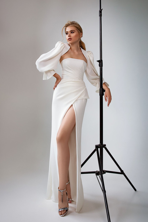 New Eva Lendel Mermaid Dresses With Jacket Sexy Strapless Poet Long Sleeve Bridal Gowns High Split Wedding Dress vestidos de novia