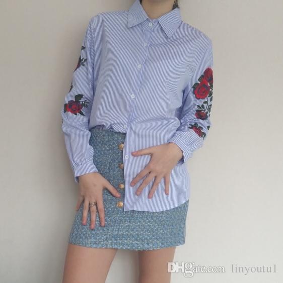 2020 Ih long sleeve rose flower embroidery; White Striped Blouse Women Casual Tops Kimono Office Women Blouses 2019 Spring Plus Size 4XL