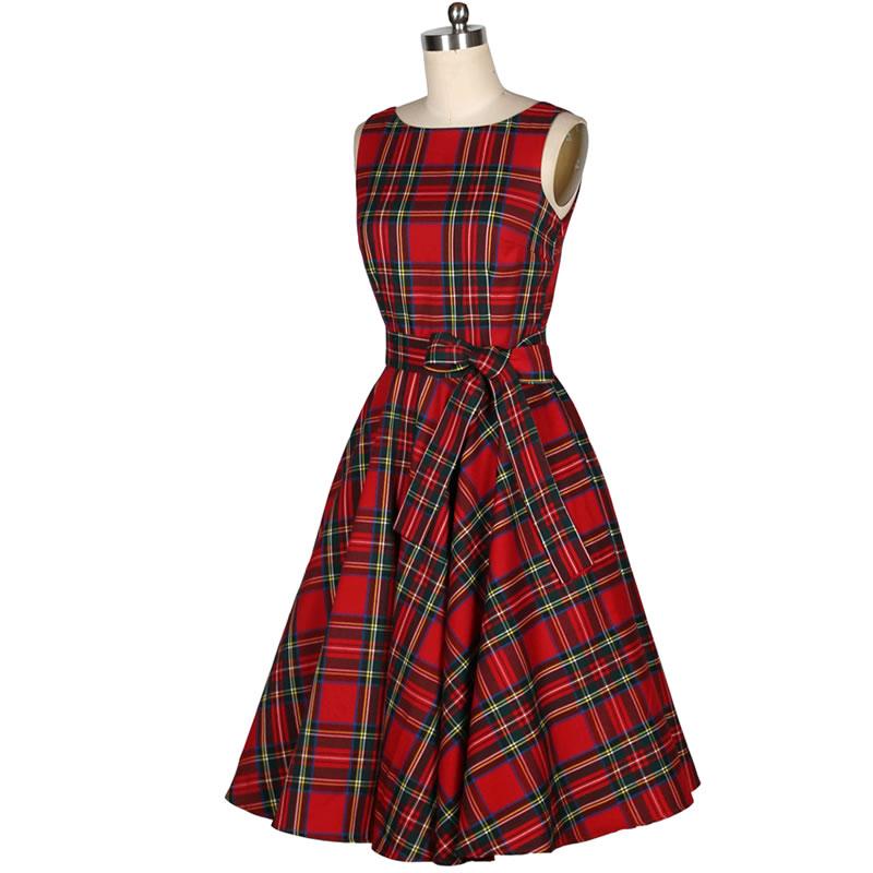 Wholesale- New Women Summer Dress Sleeveless Cotton Short Plaid Striped Party Gowns Pinup 50s 60s Rockabilly Big Swing Dress 2017 Tibtan