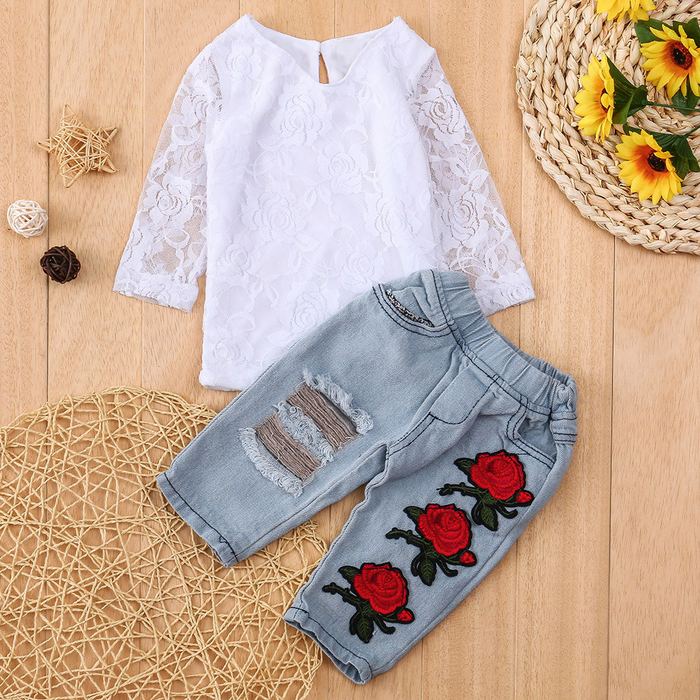 Newborn Infant Baby Girls Clothes Set Lace Flower Tops Shirt+Pants Outfits Sets Winter clothes for children kids clothing