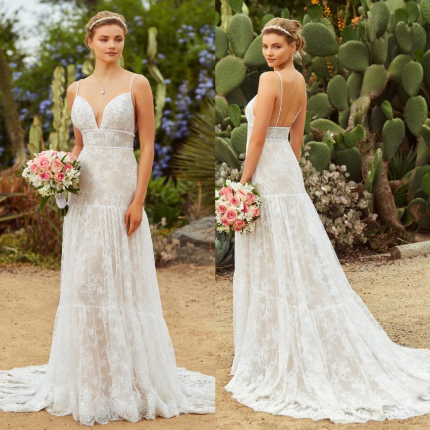 Line Charming A Lace Backless Beach Wedding Dresses Spaghetti Straps Beaded Bohemian Bridal Gowns Sweep Train Robe De Marie