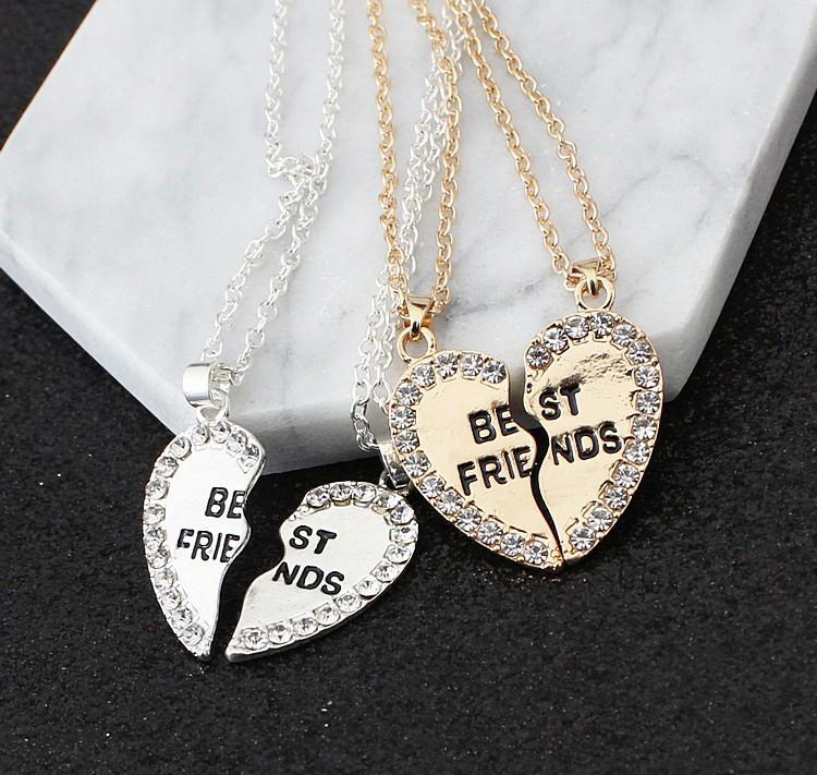 Trendy Best Friends Necklace For Mens Women Best Friend Forever Broken Crystal heart Pendant chains Fashion BFF friendship Jewelry Gift