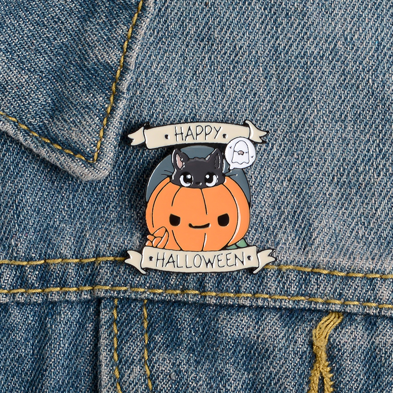 Image of Cartoon Happy Halloween Pumpkin Enamel Pin Cute Cat Lapel Pins And Brooches Badges Clothes Jackets Jewelry Gift For Friends