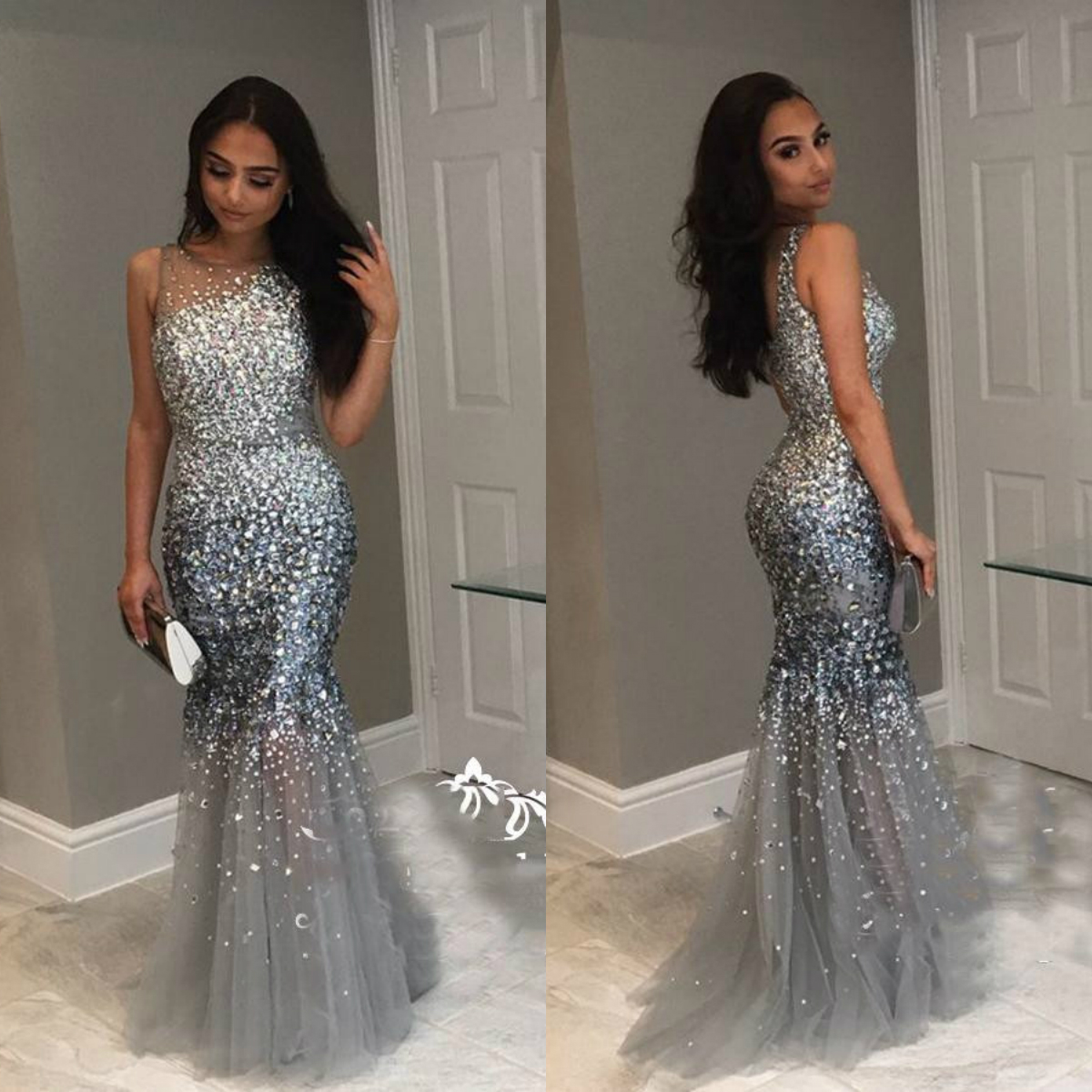 Glittering Mermaid Prom Dresses Sheer Neck Sleeveless Crystal Beaded Tulle Mermaid Evening Dress Formal Gowns Vestido De Festa