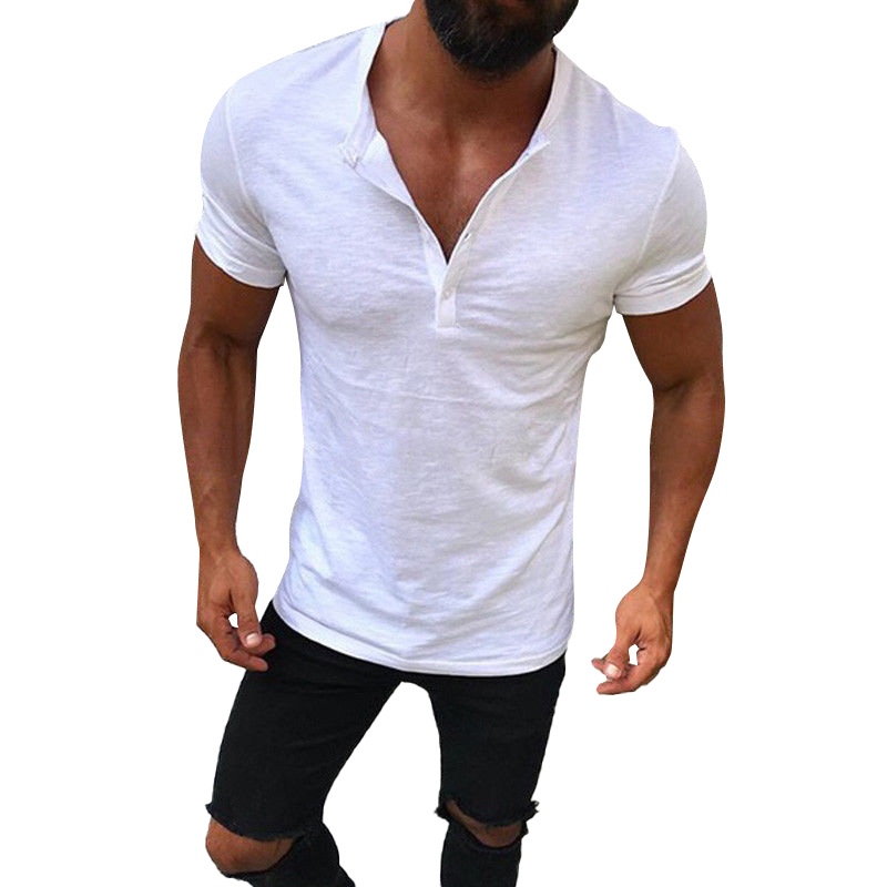 Men Summer Solid Button Slim Fit V Neck Short Sleeve Tank Top Tunic Blouse T-Shirt S-2XL